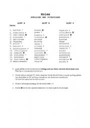 English Worksheet: Holes by Louis Sachar - spelling list