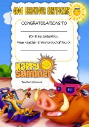 English Worksheet: Summer Good Behaviour Certificate