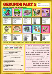 English Worksheet: Gerunds part 2 + KEY