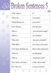 English Worksheet: BROKEN SENTENCES 5 - GAMES & ACTIVITIES (WH- QUESTIONS)