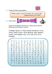 English Worksheet: London Worksheet (with wordsearch & postcard writing) - 2 pages