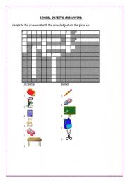 English worksheet: school objects crossword + grayscale version