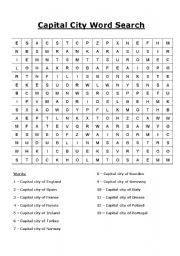 English Worksheet: Capital Cities wordsearch