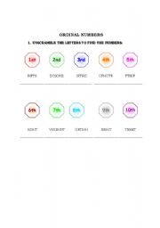 English worksheet: Ordinal Numbers from 1st. to 10th.