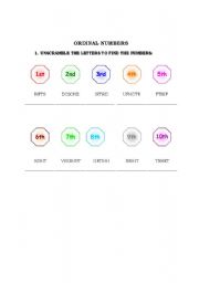 English Worksheet: Ordinal Numbers from 1st. to 10th.