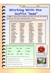 English Worksheet: Working with the suffix less  Answer key included