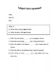 English worksheet: Subject-Verb Agreement Worksheet