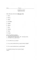 English worksheet: Exam over sports