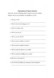 English worksheet: TWO PAGES Worksheet using PRESPOSITIONS OF TIME AT/IN/ON (2)