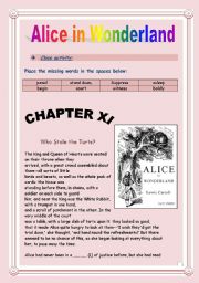 English Worksheet: Reading time!!! Alice in Wonderland (Chapter XI) - Cloze activity. (8 pages - KEY included)