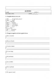 English worksheet: Activity of the verb to be_part 1