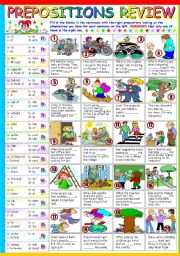 English Worksheet: PREPOSITIONS REVIEW - (B&W VERSION +KEY INCLUDED)