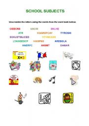 English worksheet: School subjects. Unscramble the letters