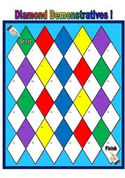 English Worksheet: Diamond Demonstratives Gameboard with 24 Cards (Focusing on School Supplies, Greyscale Version Included)