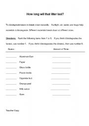English worksheet: Recycling and Litter Lesson with Crossword