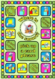 English Worksheet: Where is the smurf? Prepositions board game + cards + instructions. Fully editable