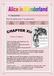 English Worksheet: Reading time!!! Alice in Wonderland (Chapter XII) - Cloze activity. (9 pages - KEY included)