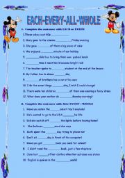 English Worksheet: EACH --EVERY--ALL--WHOLE 