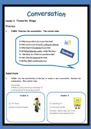English Worksheet: Conversation: Lesson 4 - Favourite things (3 PAGES) includes teachers guide