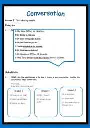 English Worksheet: Conversation: Lesson 2 - Introducing People (3 PAGES)