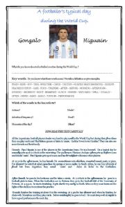 English Worksheet: ROUTINES: A FOOTBALLERS TYPICAL DAY DURING THE WORLD CUP