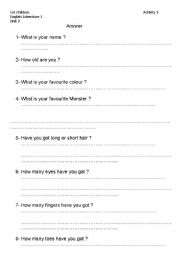 English Worksheet: HAVE GOT / HAS GOT / PARTS OF THE BODY / AGE / NAME / FAVOURITE