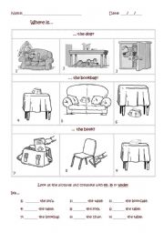 English Worksheet: Where is...?  It�s in, on or under...