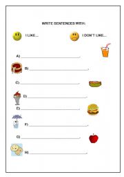 English Worksheet: Food - I Like...    I dont like...