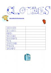 English Worksheet: Clothes - Unscramble the Words