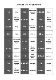 English Worksheet: Domino-Game to practise numbers and prices