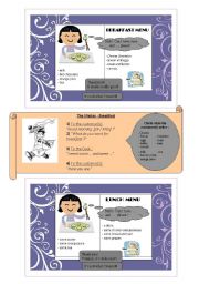 English Worksheet: Role play at the restaurant (breakfast, lunch, dinner) - flashcards to help the pupils (1 for the customer, 1 for the waiter and 1 for the cook) - Fully editable