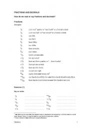 English Worksheet: FRACTIONS AND DECIMALS: How do we say or read them? (with exercises and an answer key)