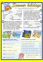 English Worksheet: Summer holidays. Pair work reading  (BW+ Key)