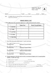 English worksheet: Present perfect test Form A