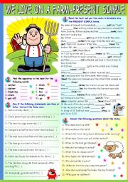 English Worksheet: WE LIVE ON A FARM - PRESENT SIMPLE (B&W VERSION + KEY INCLUDED)