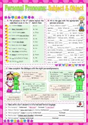 English Worksheet: Personal Pronouns   -   Subject and Object