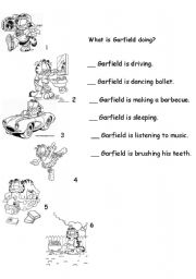 English Worksheet: What is Garfield doing?