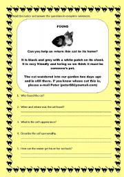 English Worksheet: Lost cat notice reading comprehension task