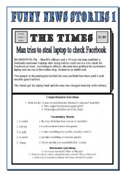 English Worksheet: Funny News Stories 1 - Man Tries to Steal Laptop to check Facebook!