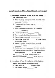 English Worksheet: THREE PAGES Prepositions of Time, Place, Materials and Transport