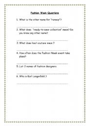 English worksheet: fashion week reading comprehension
