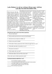 English Worksheet: A THREE YEAR OLD BOY SAVED HIS MOTHERS LIFE