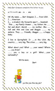 English Worksheet: Bart and the verb to be