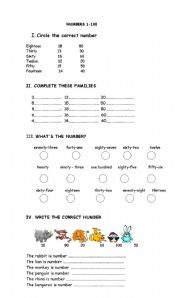 English Worksheet: Numbers 1 100 (2 pages)
