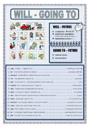 English Worksheet: will - going to with brief guide and pictures