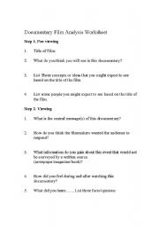 English Worksheet: Documentary Analysis Worksheet