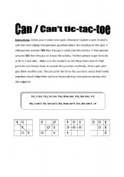 English Worksheet: Can, Cant Tic tac toe