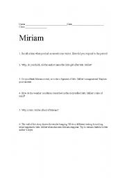 English Worksheet: Reading Comprehension Questions for Miriam (Short Story by Truman Capote)