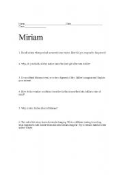 English worksheet: Reading Comprehension Questions for Miriam (Short Story by Truman Capote)