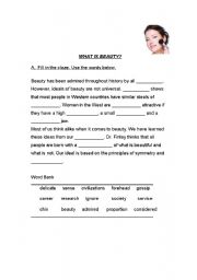 English Worksheet: what is Beauty? Cloze